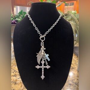 Statement Cross Charm Necklace 20” Front Toggle Lobster Clasp Rhinestone Pendant